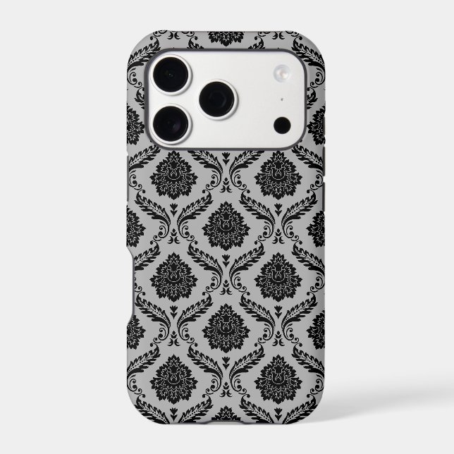 Rococo Damask Pattern Black on Grey (Back)
