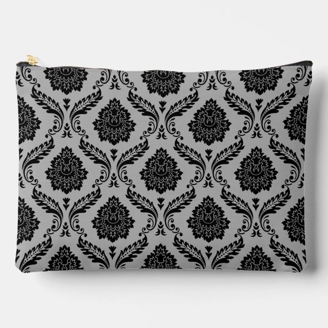 Rococo Damask Pattern Black on Grey Accessory Pouch (Front)