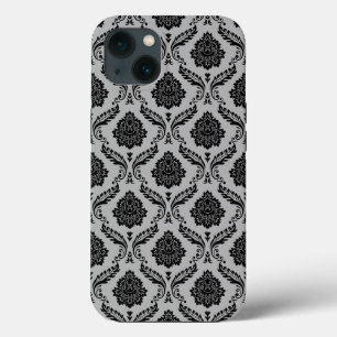 Rococo Damask Pattern Black on Grey iPhone 13 Case