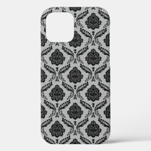 Rococo Damask Pattern Black on Grey iPhone 12 Case