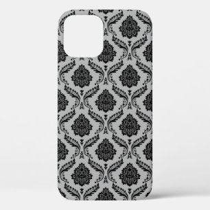 Rococo Damask Pattern Black on Grey iPhone 12 Pro Case