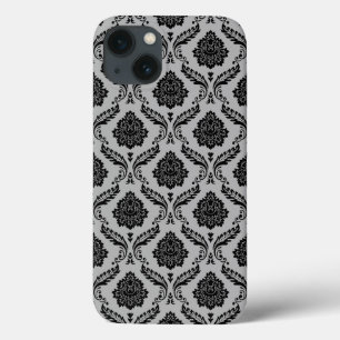 Rococo Damask Pattern Black on Grey iPhone 13 Case