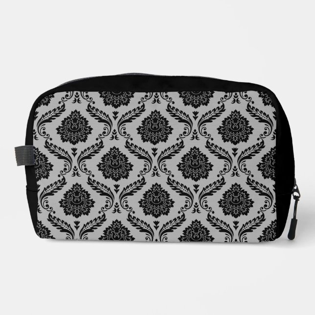 Rococo Damask Pattern Black on Grey Dopp Kit (Front)