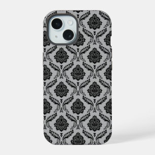 Rococo Damask Pattern Black on Grey iPhone 15 Case