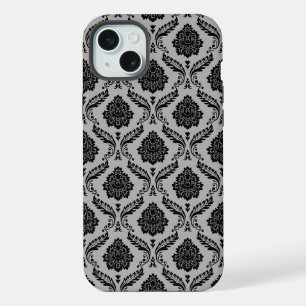 Rococo Damask Pattern Black on Grey iPhone 15 Plus Case