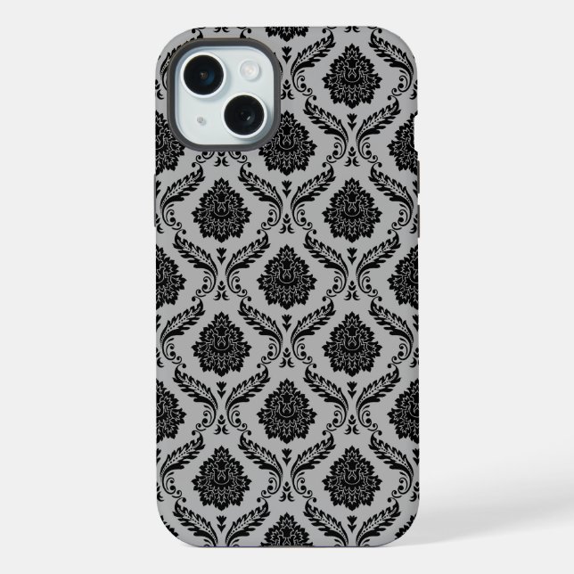 Rococo Damask Pattern Black on Grey iPhone Case (Back)