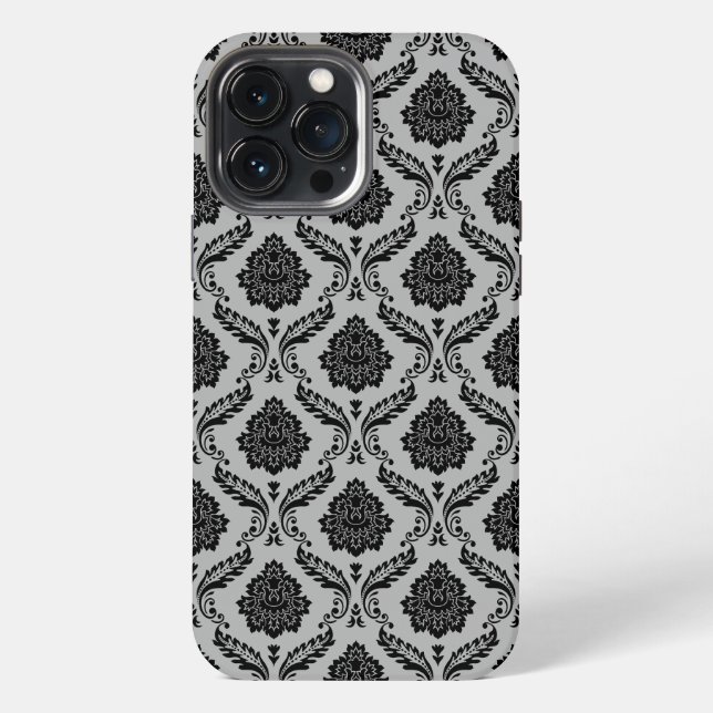 Rococo Damask Pattern Black on Grey iPhone Case (Back)
