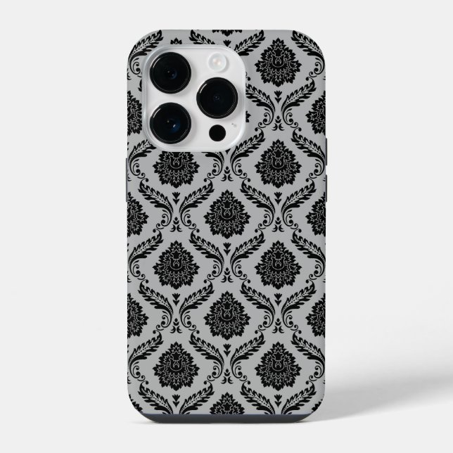 Rococo Damask Pattern Black on Grey iPhone Case (Back)