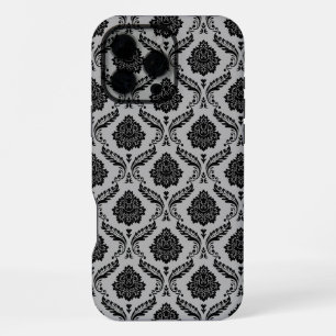 Rococo Damask Pattern Black on Grey iPhone 16 Pro Max Case