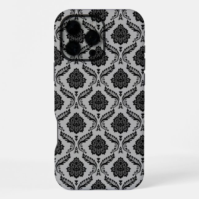 Rococo Damask Pattern Black on Grey iPhone Case (Back)