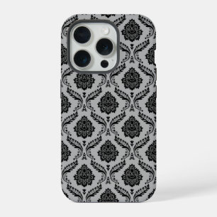 Rococo Damask Pattern Black on Grey iPhone 15 Pro Case