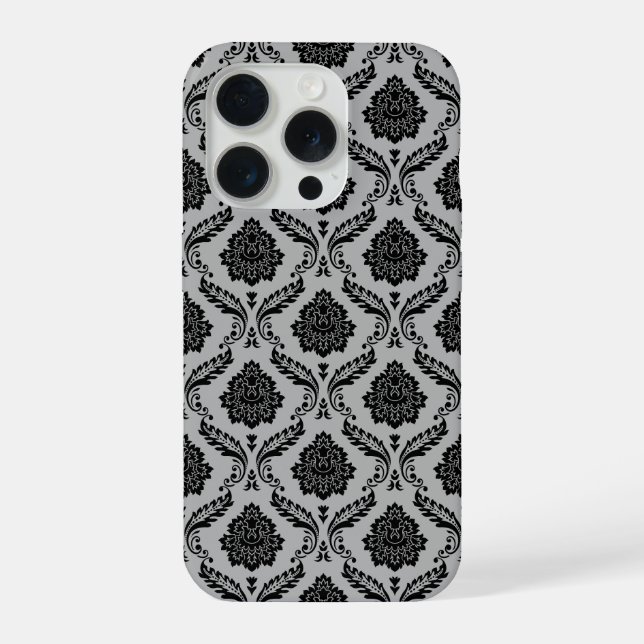 Rococo Damask Pattern Black on Grey iPhone Case (Back)