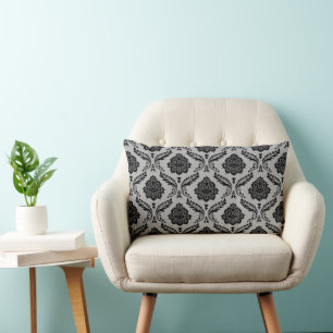 Rococo Damask Pattern Black on Grey Lumbar Cushion