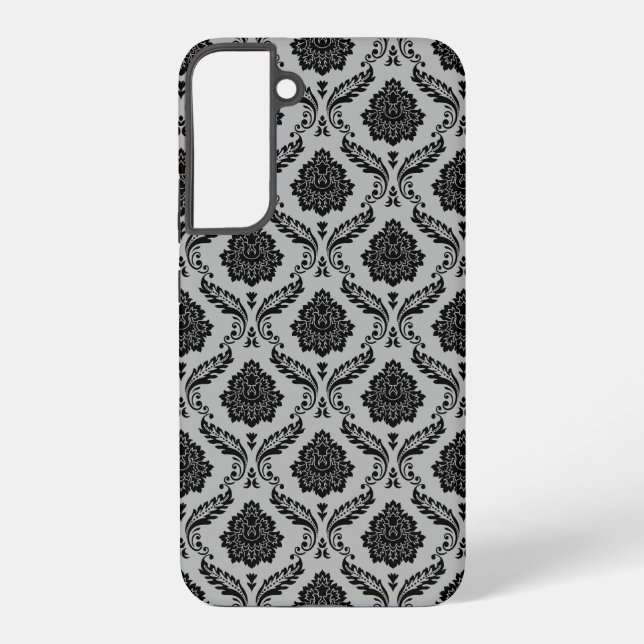Rococo Damask Pattern Black on Grey Samsung Galaxy S22+ Case (Back)