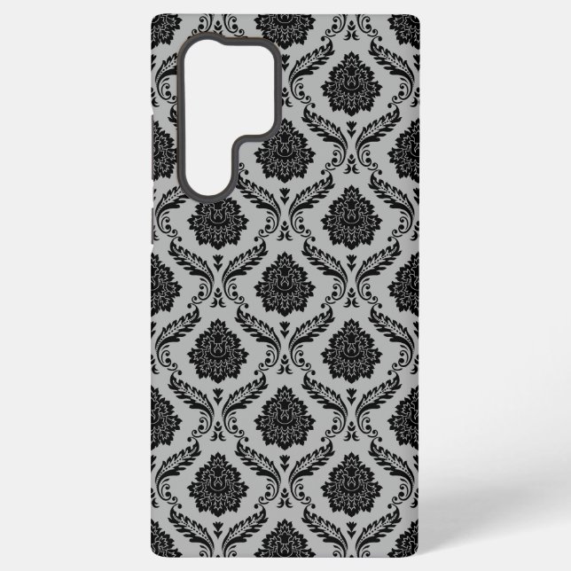 Rococo Damask Pattern Black on Grey Samsung Galaxy S22 Ultra Case (Back)