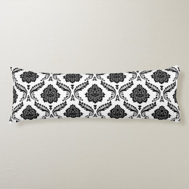 Rococo Damask Pattern Black on White Body Cushion (Front)
