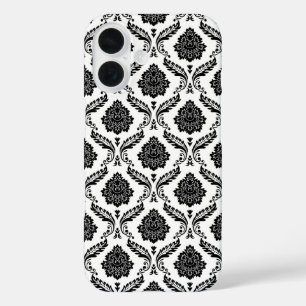 Rococo Damask Pattern Black on White iPhone 16 Case