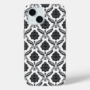 Rococo Damask Pattern Black on White iPhone 15 Case