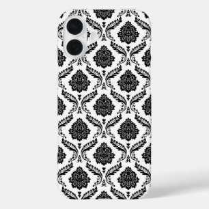 Rococo Damask Pattern Black on White iPhone 16 Plus Case