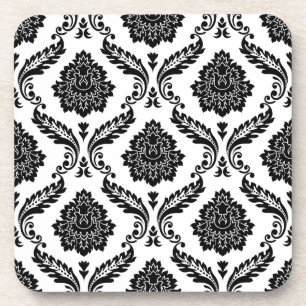 Rococo Damask Pattern Black on White Coaster