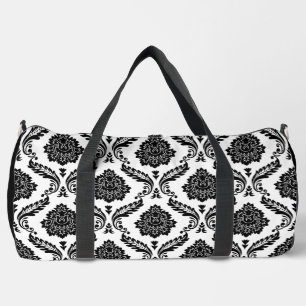 Rococo Damask Pattern Black on White Duffle Bag