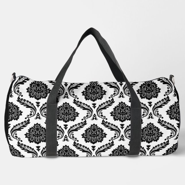 Rococo Damask Pattern Black on White Duffle Bag (Front)