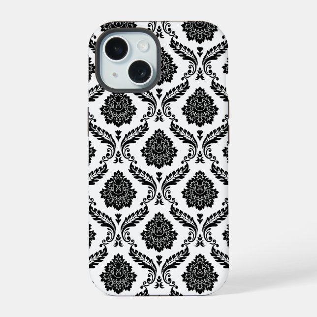 Rococo Damask Pattern Black on White iPhone 15 Case (Back)