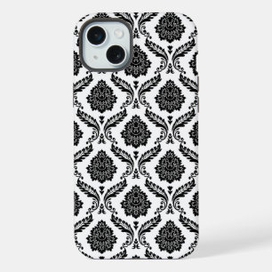 Rococo Damask Pattern Black on White iPhone 15 Plus Case