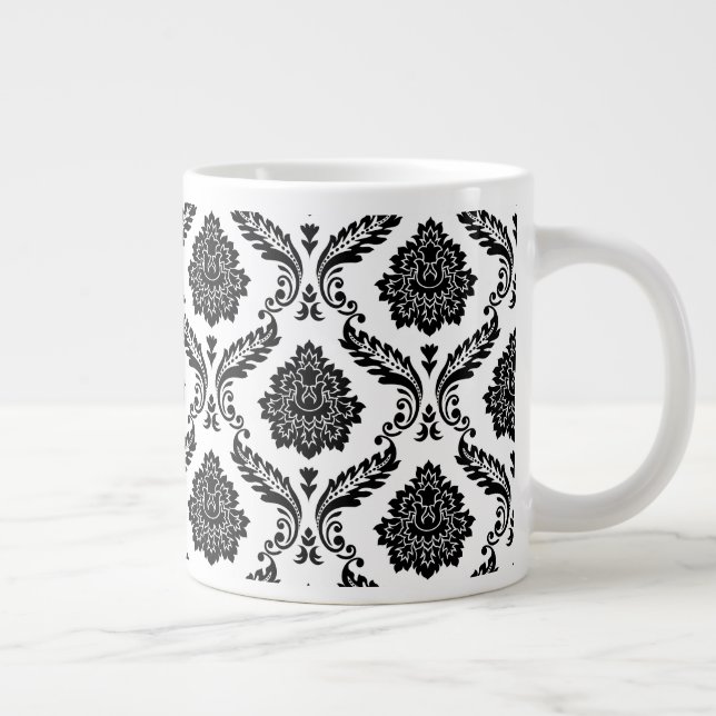 Rococo Damask Pattern Black on White Large Coffee Mug (Right)
