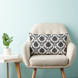 Rococo Damask Pattern Black on White Lumbar Cushion