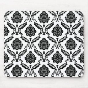 Rococo Damask Pattern Black on White Mouse Pad