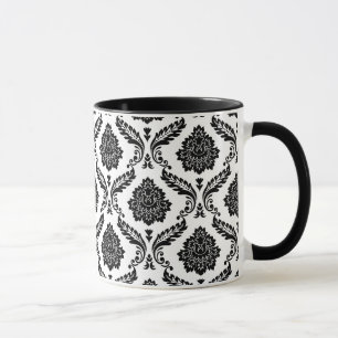 Rococo Damask Pattern Black on White Mug