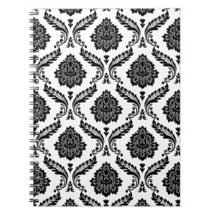 Rococo Damask Pattern Black on White Notebook