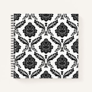 Rococo Damask Pattern Black on White Notebook