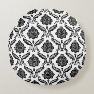 Rococo Damask Pattern Black on White Round Cushion
