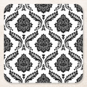 Rococo Damask Pattern Black on White Square Paper Coaster