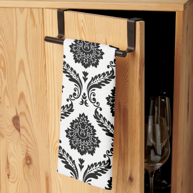 Rococo Damask Pattern Black on White Tea Towel (Thirds Fold)
