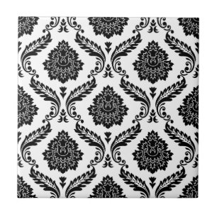 Rococo Damask Pattern Black on White Tile