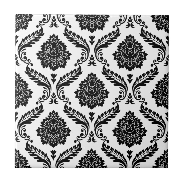Rococo Damask Pattern Black on White Tile (Front)
