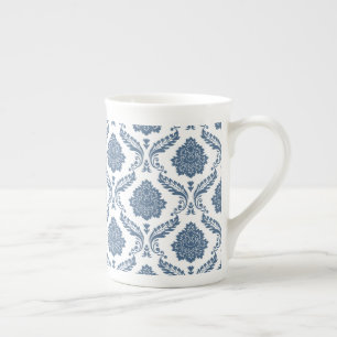 Rococo Damask Pattern Blue on White Bone China Mug