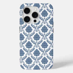 Rococo Damask Pattern Blue on White iPhone 15 Pro Case
