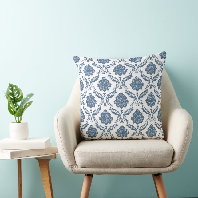 Rococo Damask Pattern Blue on White Cushion (Chair)