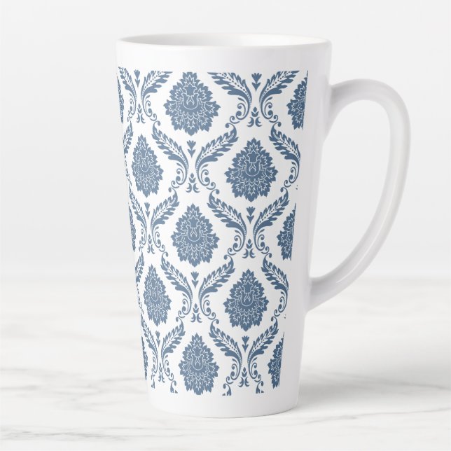 Rococo Damask Pattern Blue on White Latte Mug (Right)