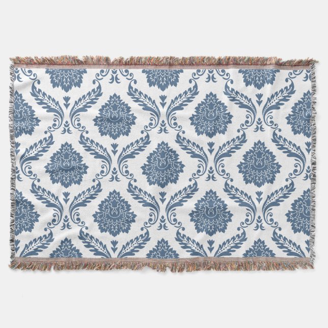 Rococo Damask Pattern Blue on White Throw Blanket (Front)