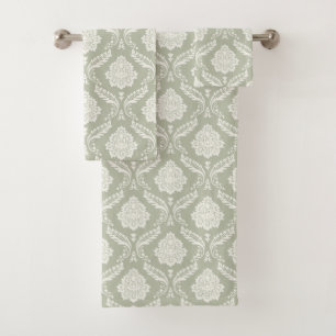 Rococo Damask Pattern Cream on Green Bath Towel Set