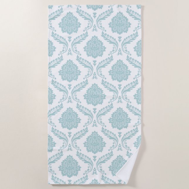 Rococo Damask Pattern Duck Egg Blue on White Beach Towel (Front)