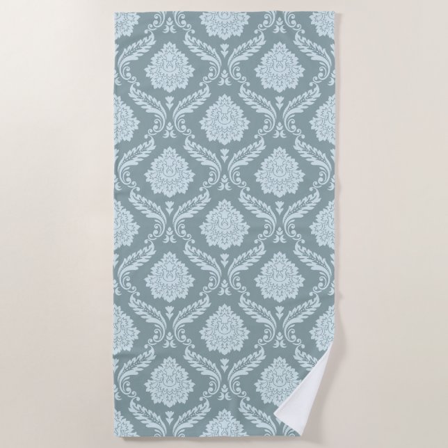 Rococo Damask Pattern Duck Egg Blue+Teal Beach Towel (Front)