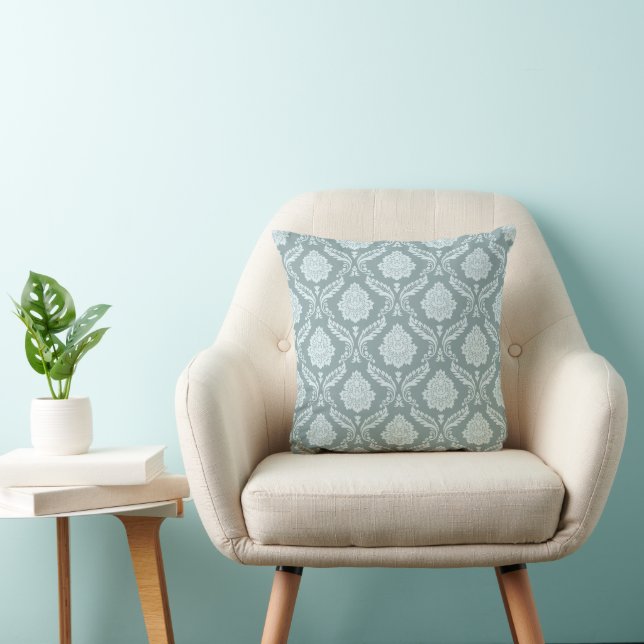 Rococo Damask Pattern Duck Egg Blue+Teal Cushion (Chair)