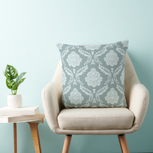 Rococo Damask Pattern Duck Egg Blue+Teal Cushion