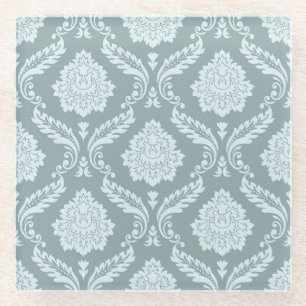 Rococo Damask Pattern Duck Egg Blue+Teal Glass Coaster